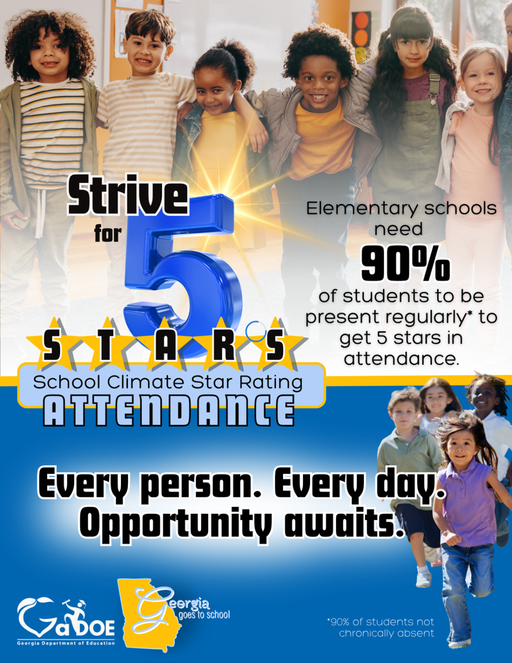 An educational poster features a group of smiling children and text promoting school attendance, including 'Strive for 5 Stars School Climate Star Rating ATTENDANCE'.